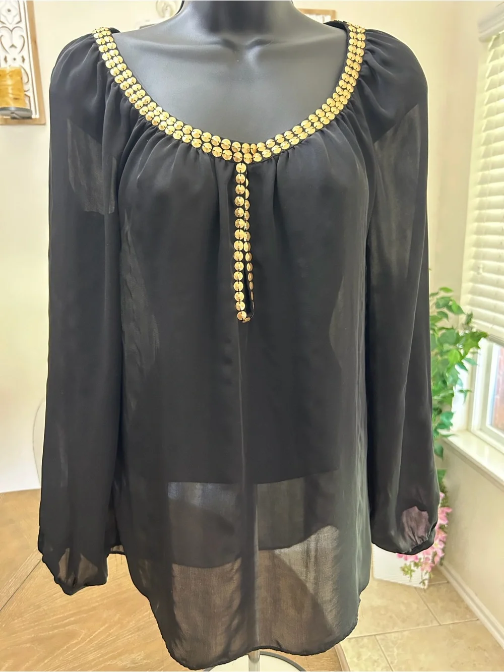 Michael Kors Black Sheer Long-Sleeve Blouse with Gold Bead Trim